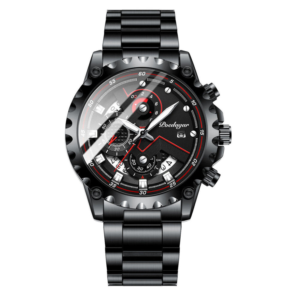 Men's Quartz Watch Multifunctional Waterproof Steel Band Watch Creative Three Eye Six Needle