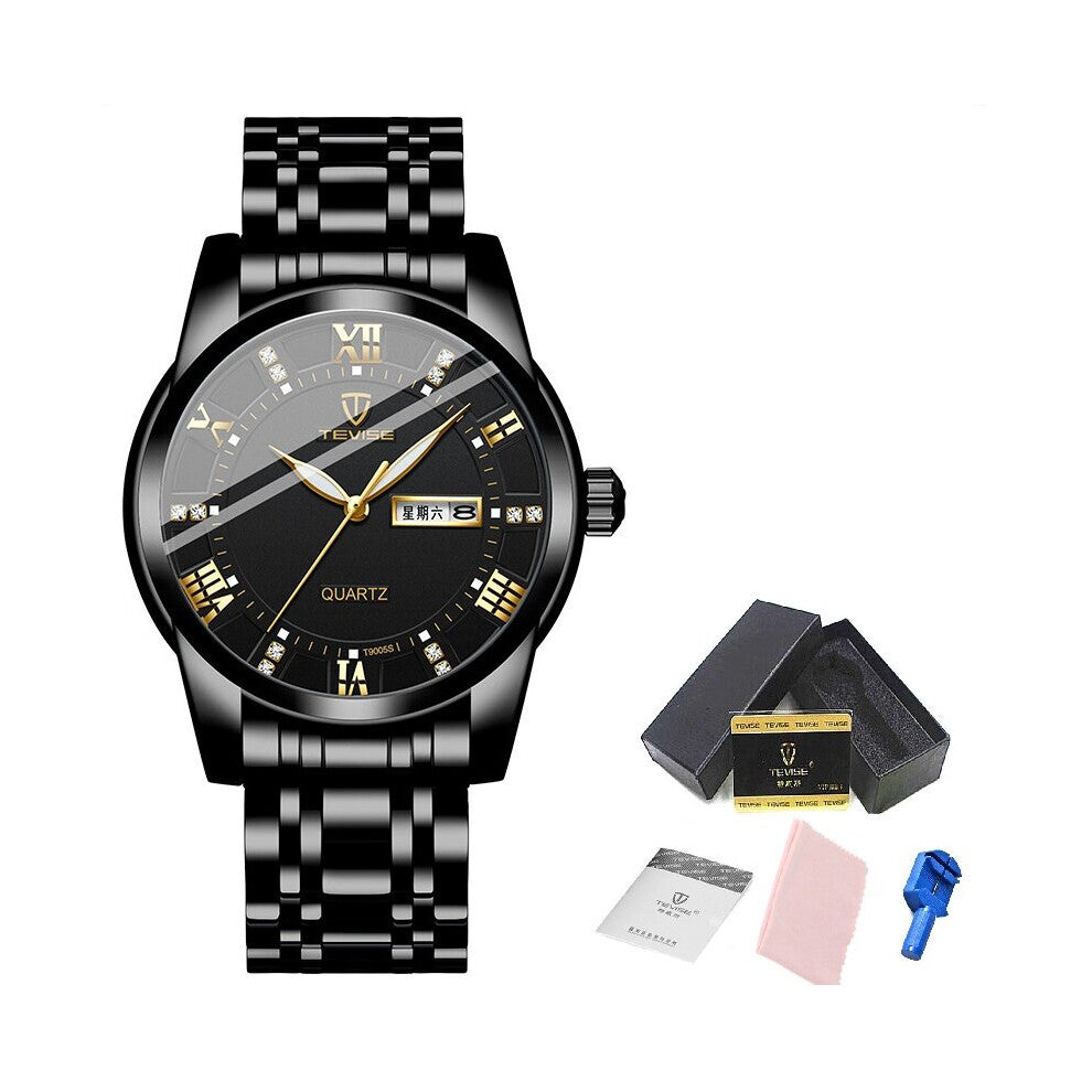 Top Quartz Watch 30ATM Waterproof Clock Male Date Week Stainless Steel Relogio Masculino+Box T9005S