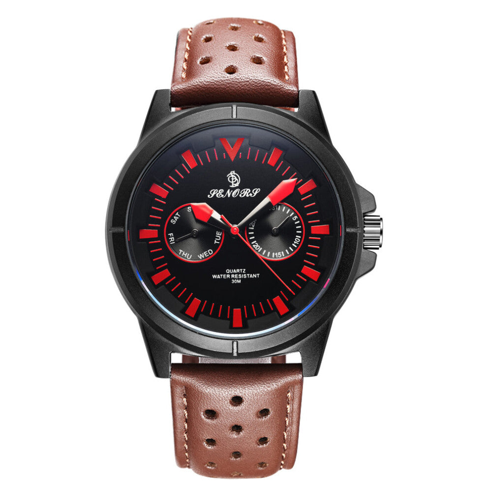 SN009 Men`s Watch Automatic Date Quartz Watches Men Waterproof 3ATM Wristwatches Men Leather Chronograph Clock
