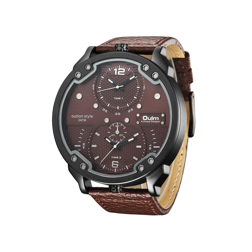 Men's Casual Sports Watches Unique Big Watch Male Leather Strap Quartz Clock Double Time Zone Men Wristwatch