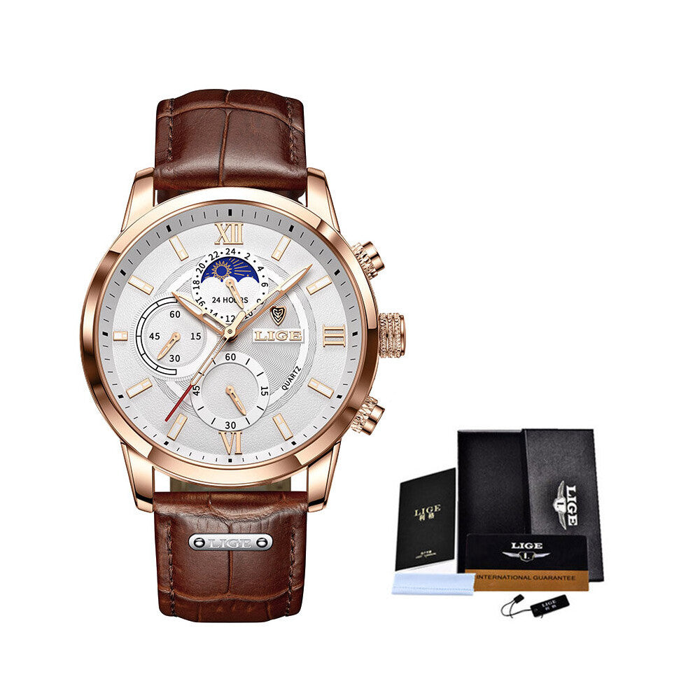 Watch For Men Top Luminous Leather Men's Casual Sports Waterproof Chronograph Relogio Masculino+BOX