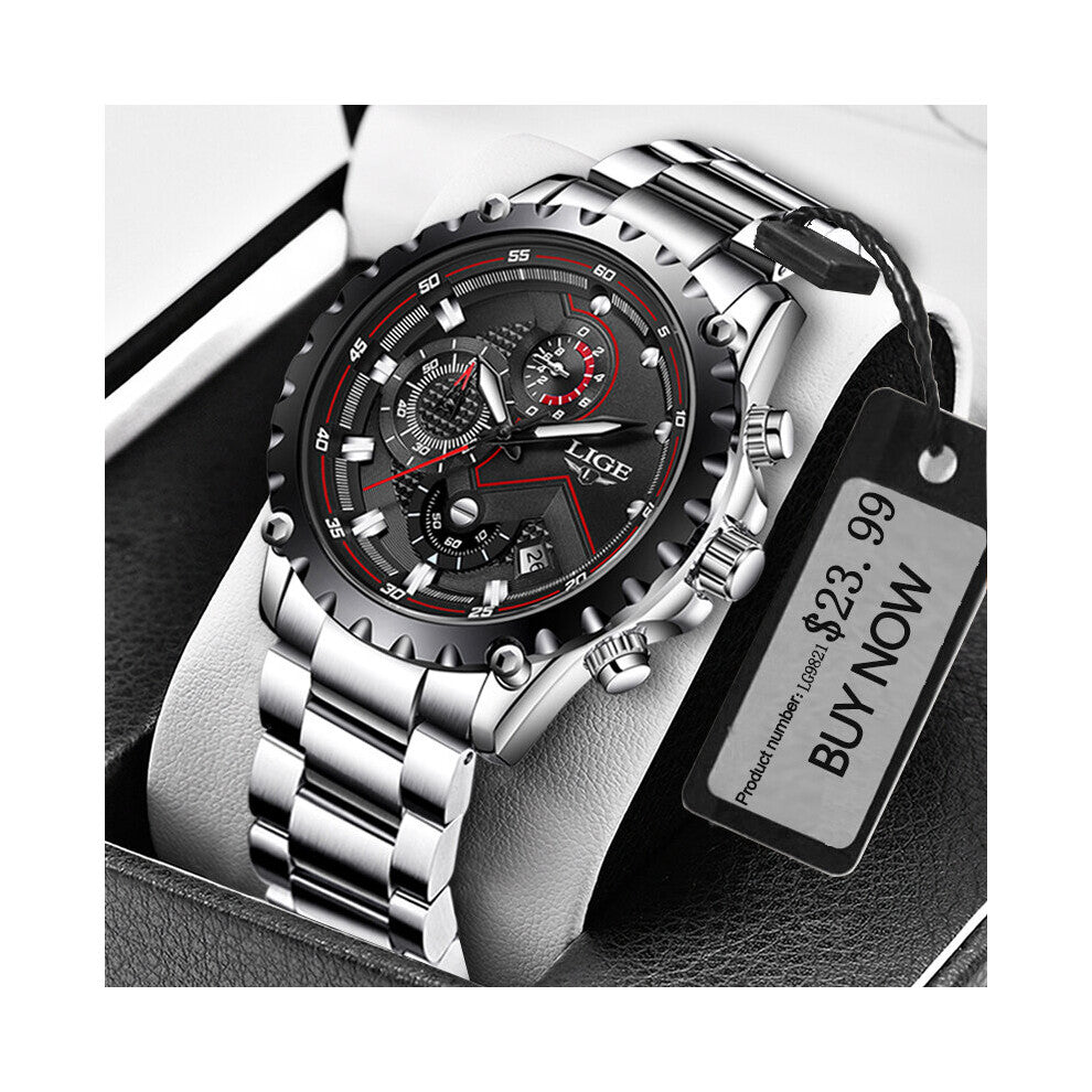 Mens Watches Top Silver Stainless Steel 30m Waterproof Quartz Watch for Men Army Military Chronograph