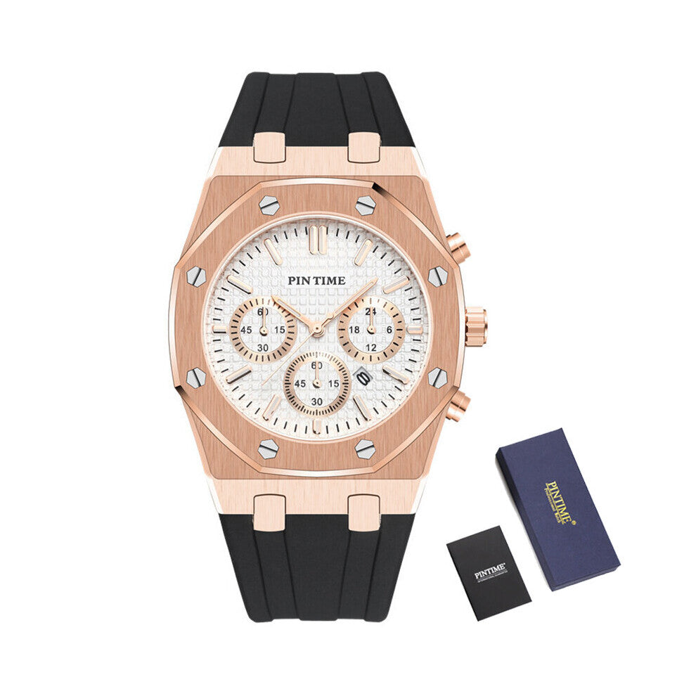 Rose Men Watch Chronograph Silicone Rubber Strap Golden Dial Case Sports Military Male Quartz Wristwatch