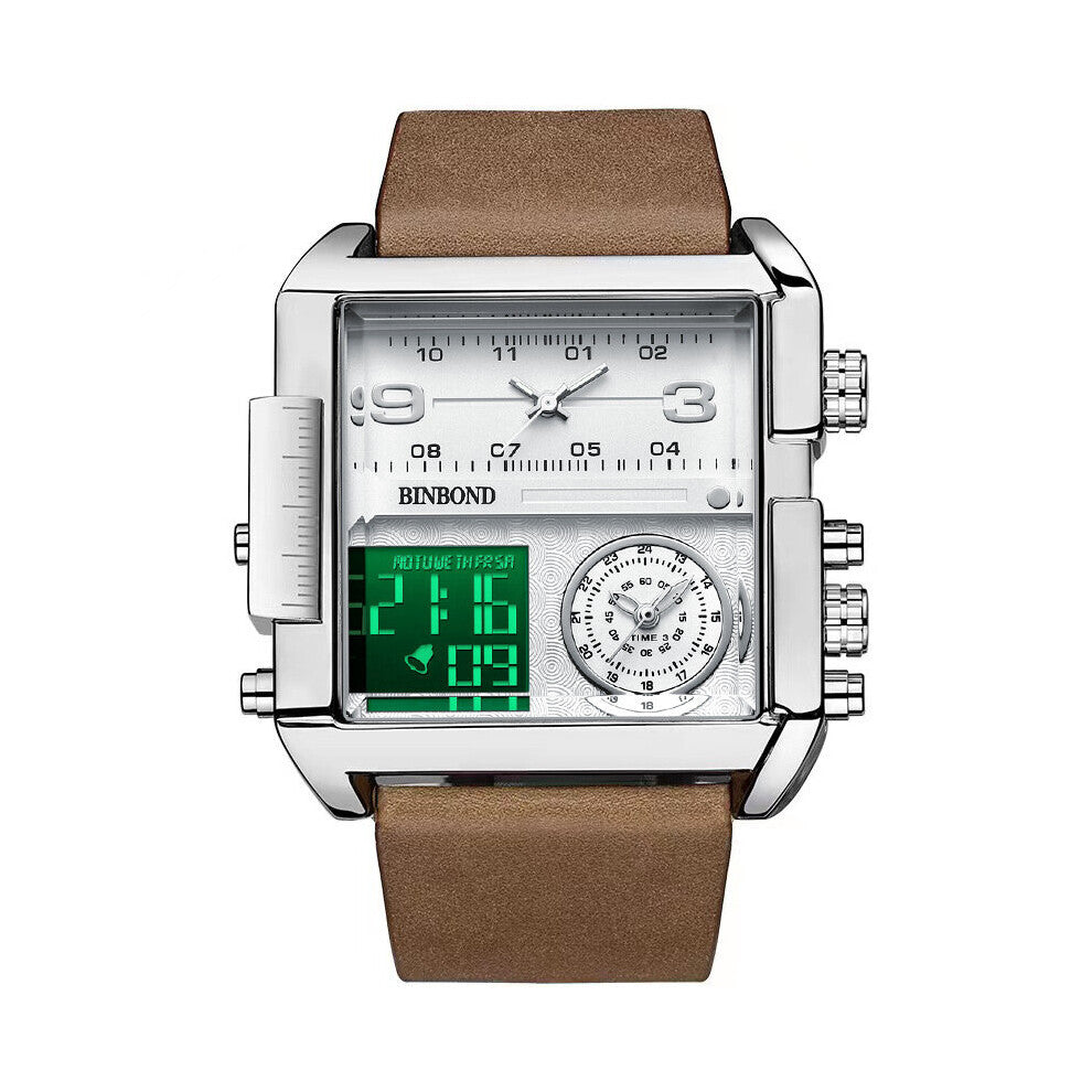 Binbond Creative Large Dial Multifunctional Sports Quartz Men's Square Watch Time Night Light Running Temple Alarm