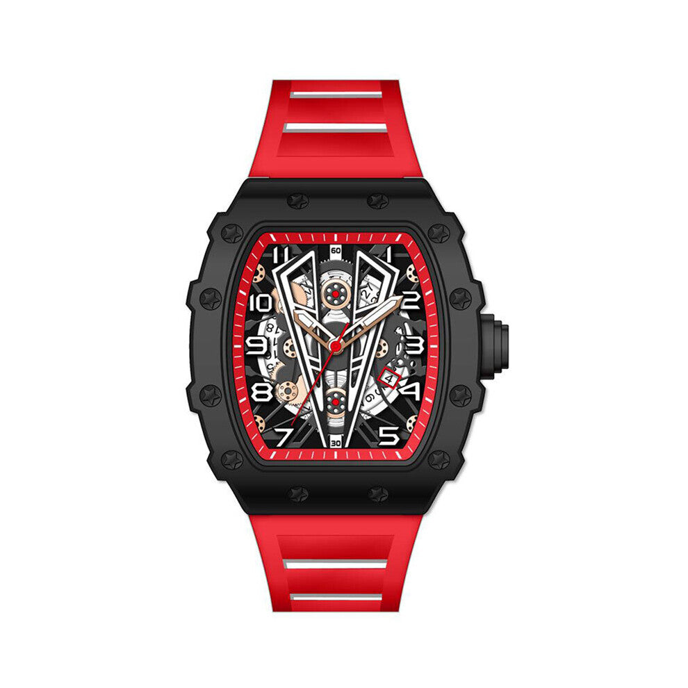 Silver Sport Quartz Watch for Men Tonneau Dial Analog Waterproof Wristwatch with Silicone Strap Luminous Hands Date