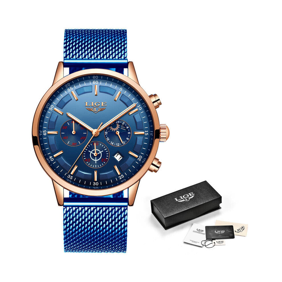 Top Watch for Men Dial Watch Mesh Belt Sport Waterproof Watches Moon Phase Wrist Watch