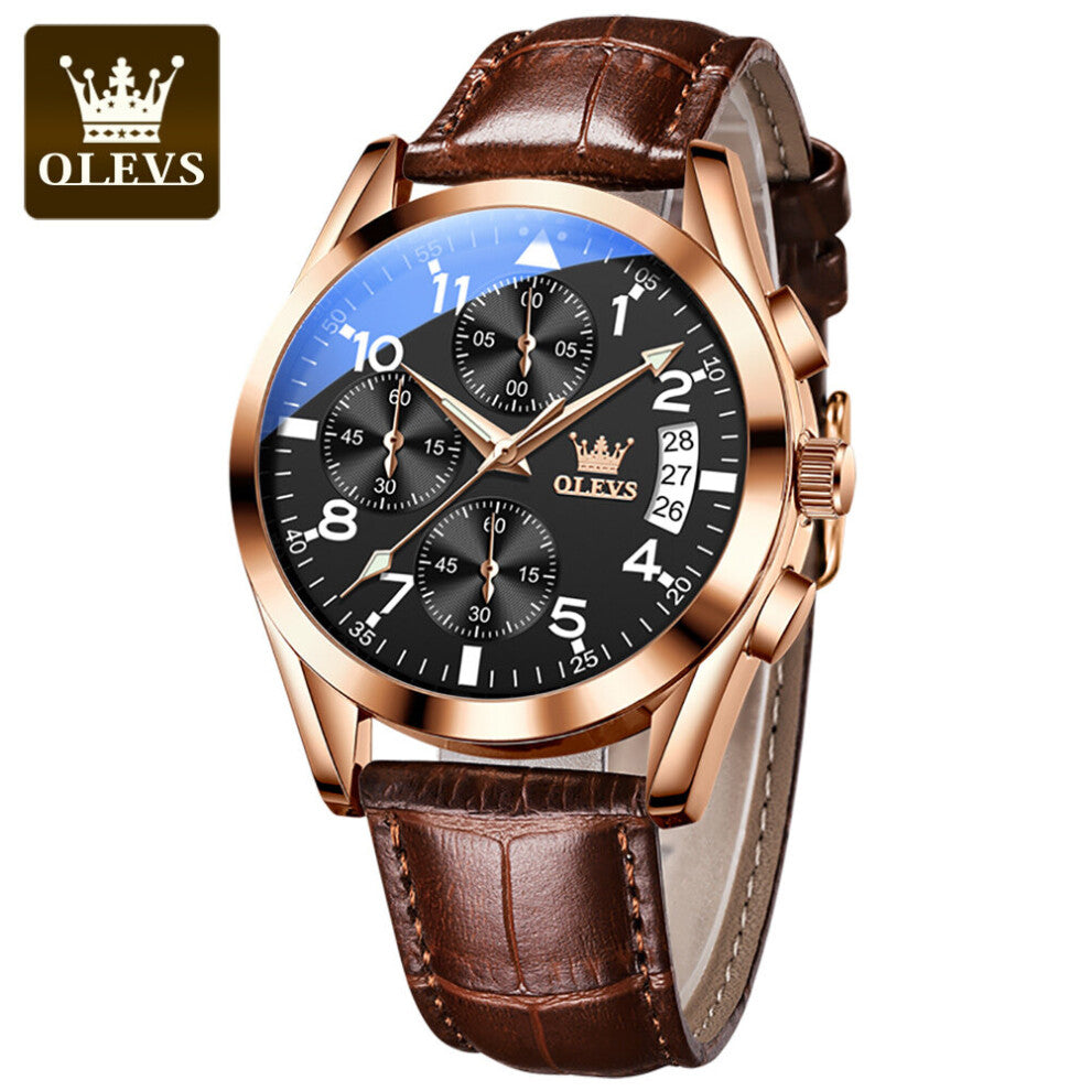 Men Watch Chronograph Waterproof Leather Strap Quartz Wristwatch Luminous Auto Date Analog Watch for Business Dress
