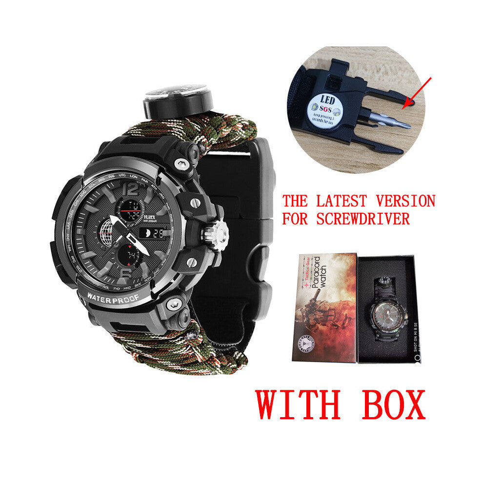 Men Military Outdoor Sport Watch Compass Multifunctional Waterproof Quartz Watch Thermometer Survival Whistle LED Distress Light