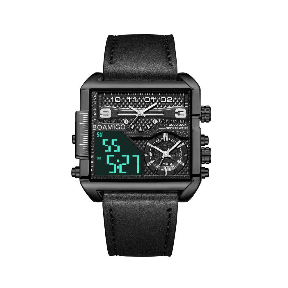 Top Men Watches Sport Square 3 Time Zone large Big Quartz leather male Watch for Men waterproof