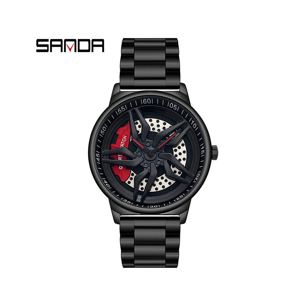 Sell Leather Men Watch Stainless Waterproof Sport Watch Racing Car Rim Wheel Rotating Dial Men High Quartz Clock