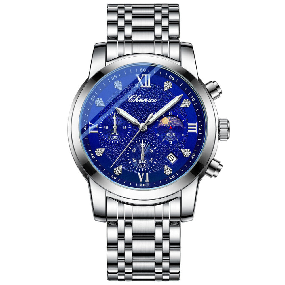 Watch Men Stainless Steel Quartz Wristwatch Mens Waterproof Sport Watches Moon Phase Function Clock