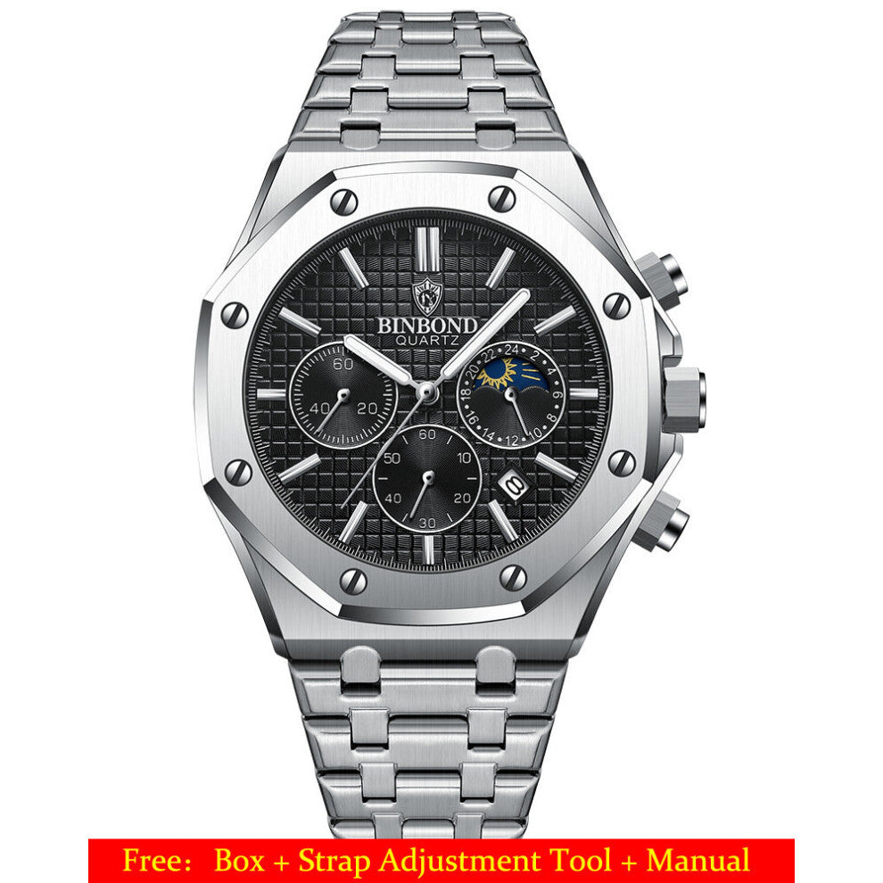 Business Multifunctional Sports Watch Men's Chronograph Stainless Steel Analog Luminous Waterproof Quartz Wristwatch
