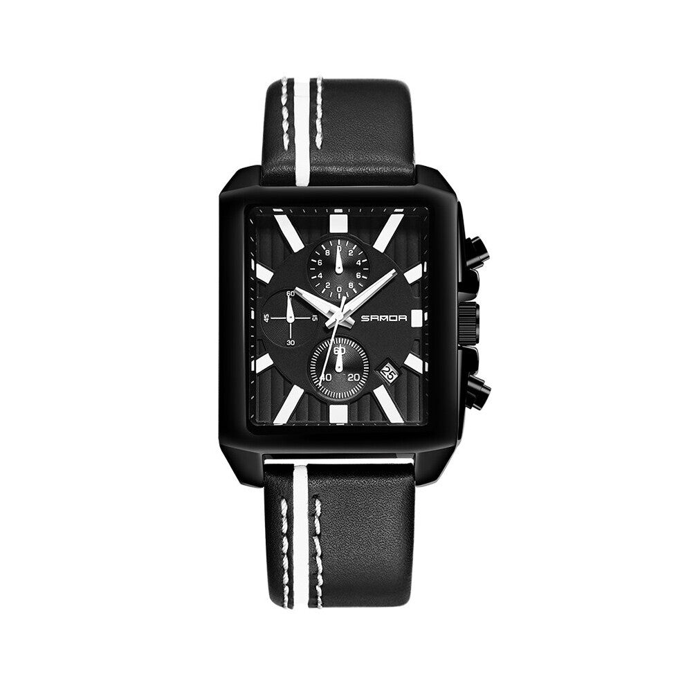 SANDA Western Sports Style Waterproof Men Watch Six Needles Square Timer Quartz Movement Leather Strap P5003