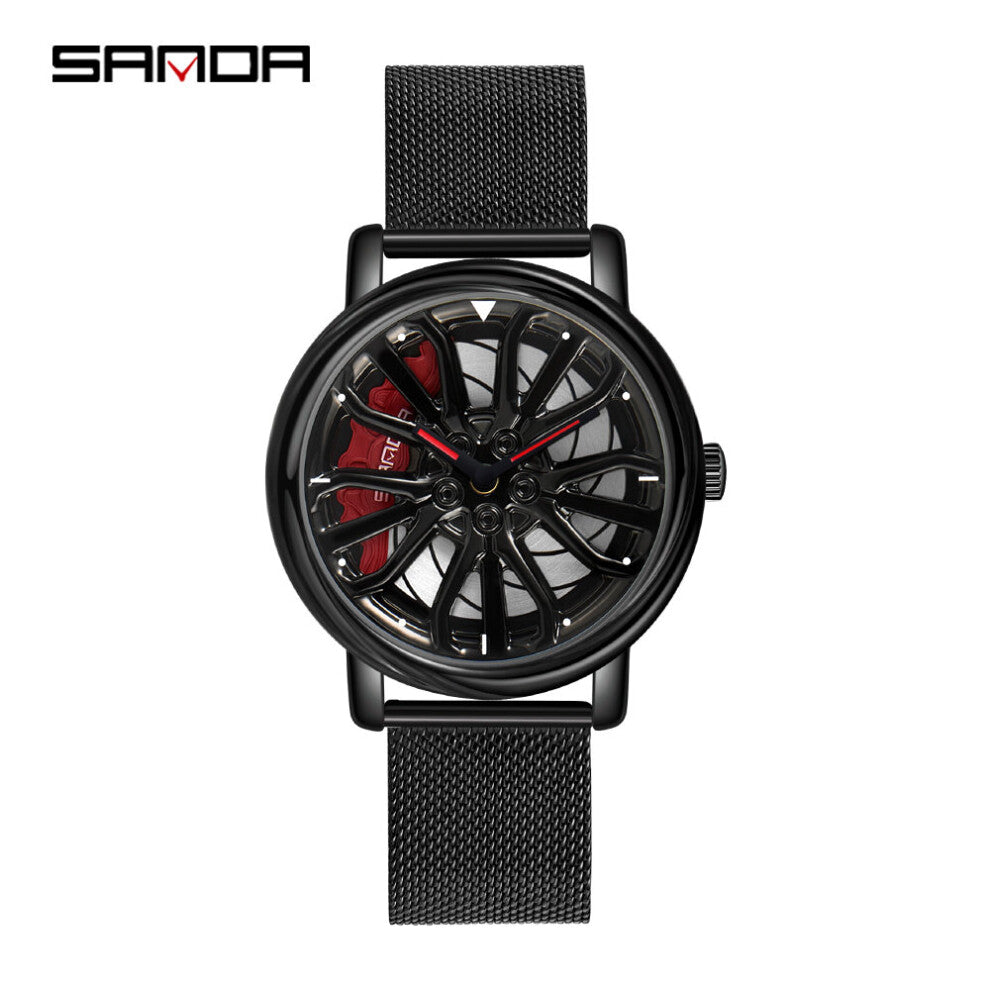 Car Rim Watch Men 360 Degree Rotating Wheel Rim Watch Stainless Steel Leather Waterproof Sports Quartz Watch