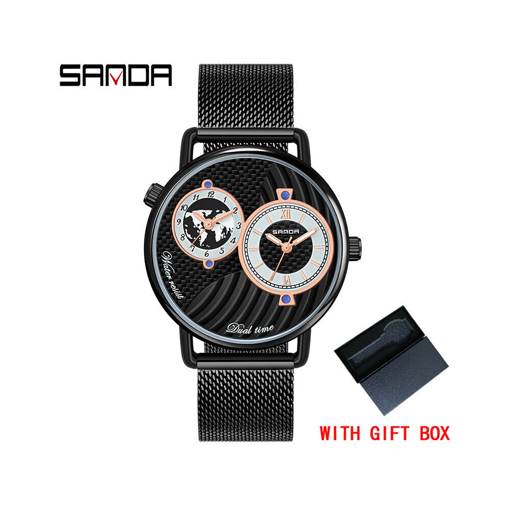 Casual Creative Quartz Watch Mesh Belt Double Movement Double Time Zone Men's Waterproof Quartz Wrist Watch