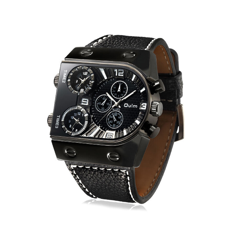 Men's Watches Quartz Casual Leather Strap Wristwatch Sports Three Time Zone Big Dial Male Watch Clock Gift for Men