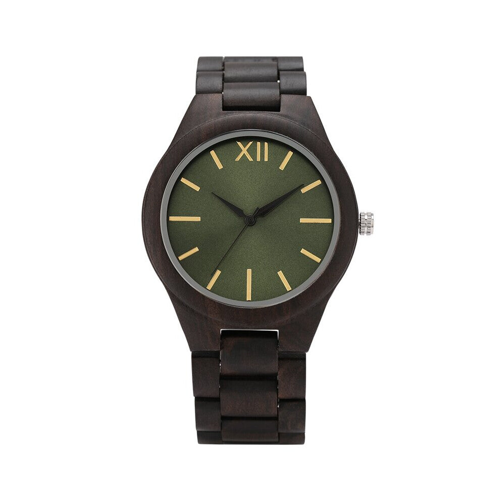 Men's Watch Wood Clock Retro Green Dial with Nails Full Ebony Adjustable Wooden Band Sports Causal Dress Relogio Masculino
