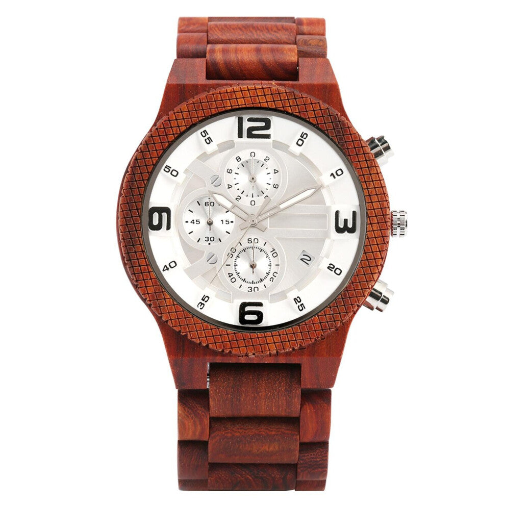Men's Watches Red Wood Watch Functional Chronograph Sports Watches Quartz Men Clock Male Wooden Band Calendar Retro Wristwatch