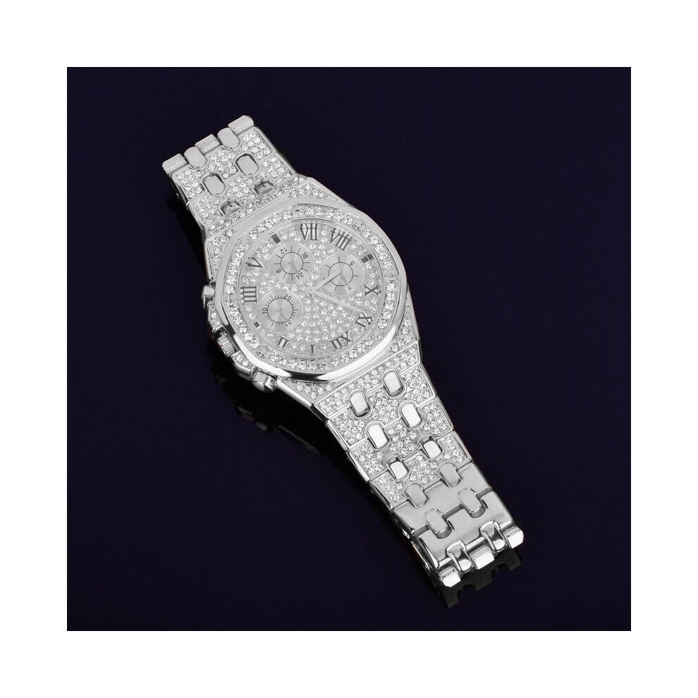 Bubble Letter Men's Watch Big Dial Military Quartz Clock Rhinestone Business Waterproof Relogio Masculio