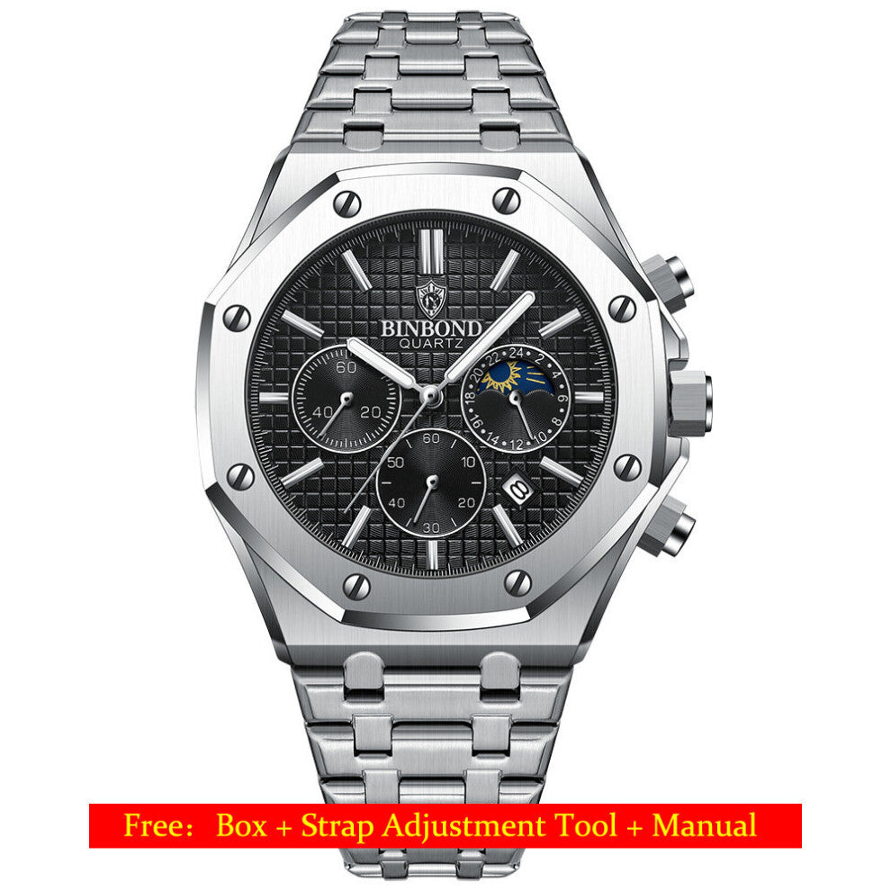 High-grade Chronograph Three-eye Six-Hands Multifunctional Moon Phase Stainless Steel Sports Quartz Business Men's Watches