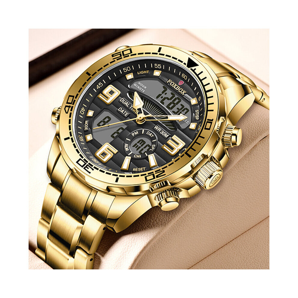 Men Watch FOXBOX Top Man Military Sport Quartz Wrist Watches Stainless Steel LED Digital Clock Montre Homme