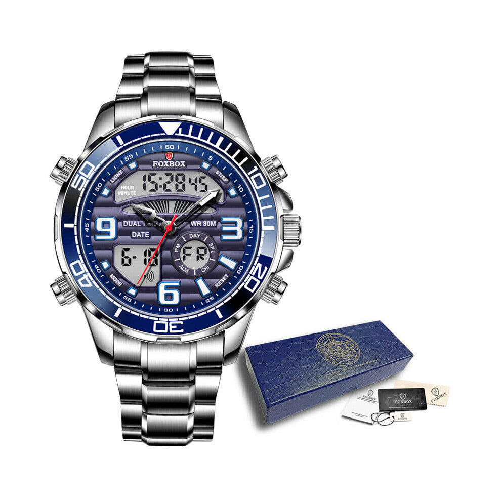 FOXBOX Watch For Men Quartz Chronograph Sport Waterproof Man Watches Military Stainless Steel Wristwatch Clock