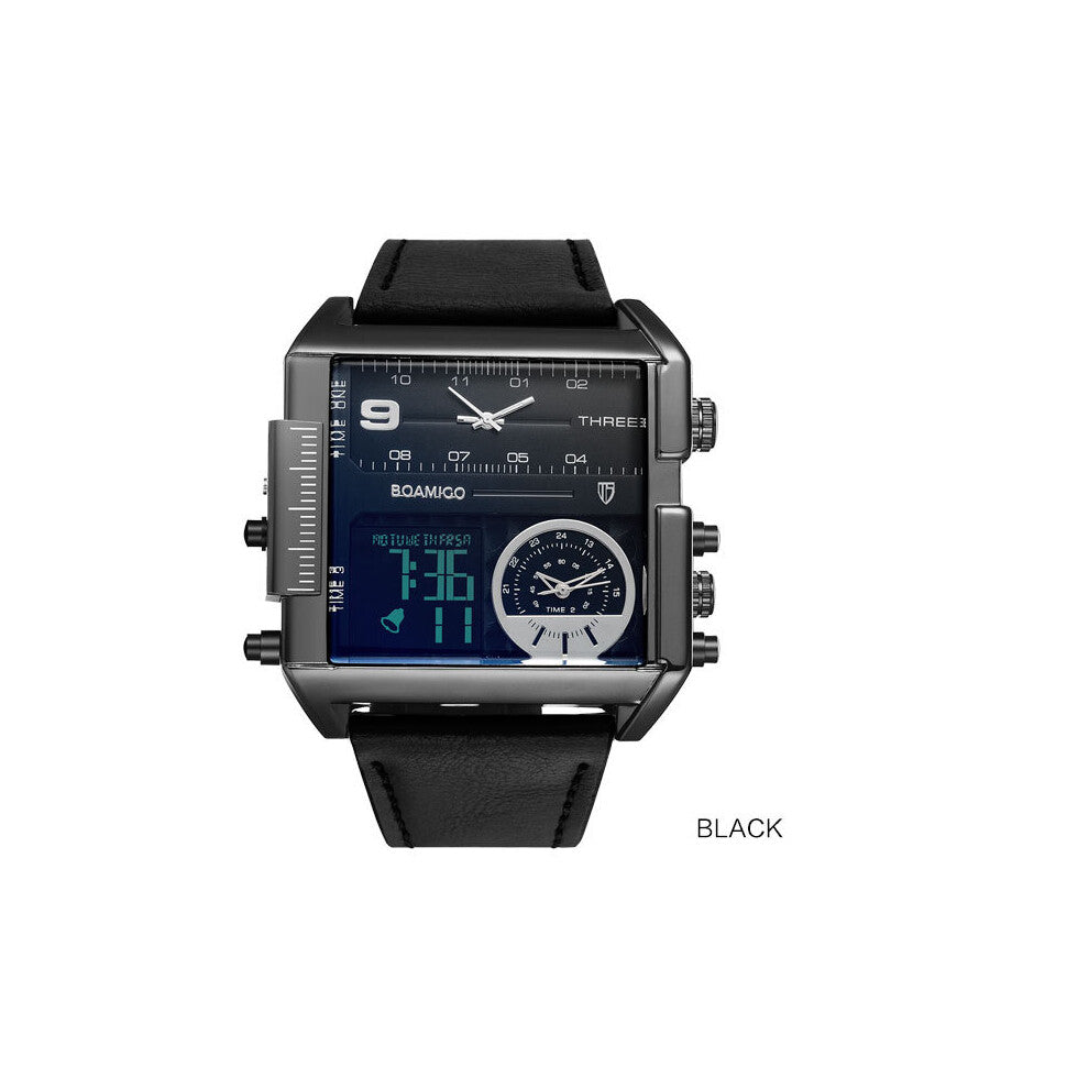 men 3 time zone watches man sports digital analog watches leather rectangle wristwatches waterproof clock
