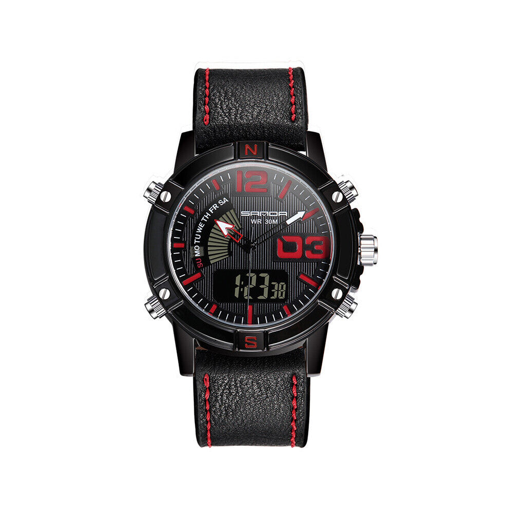 Top Men's Waterproof Electronic Watches Leather Sports Quartz LED Digital Clock Luminous dual display watch