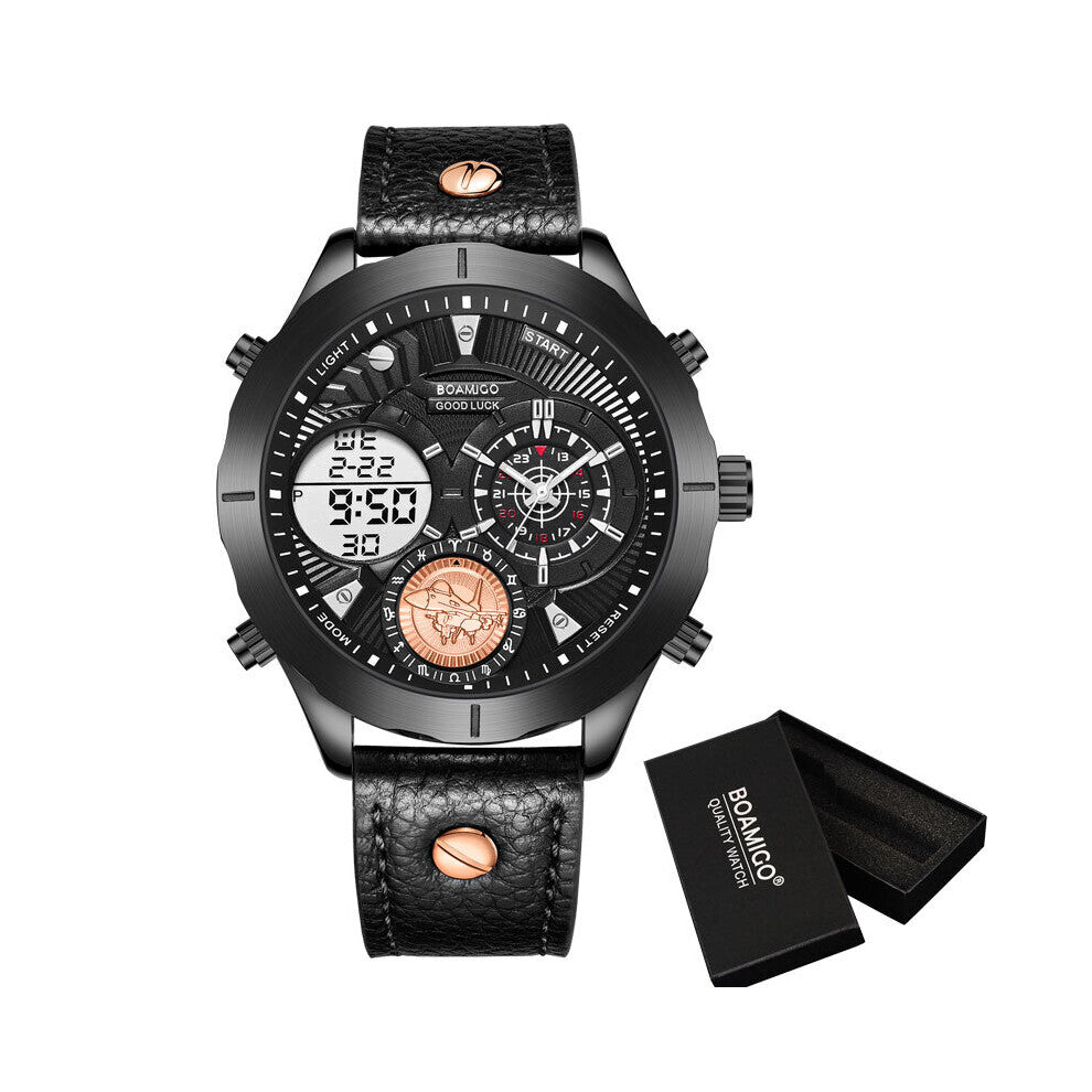 military Men Watches Top Sports digital dual display leather Quartz wist watch male clock