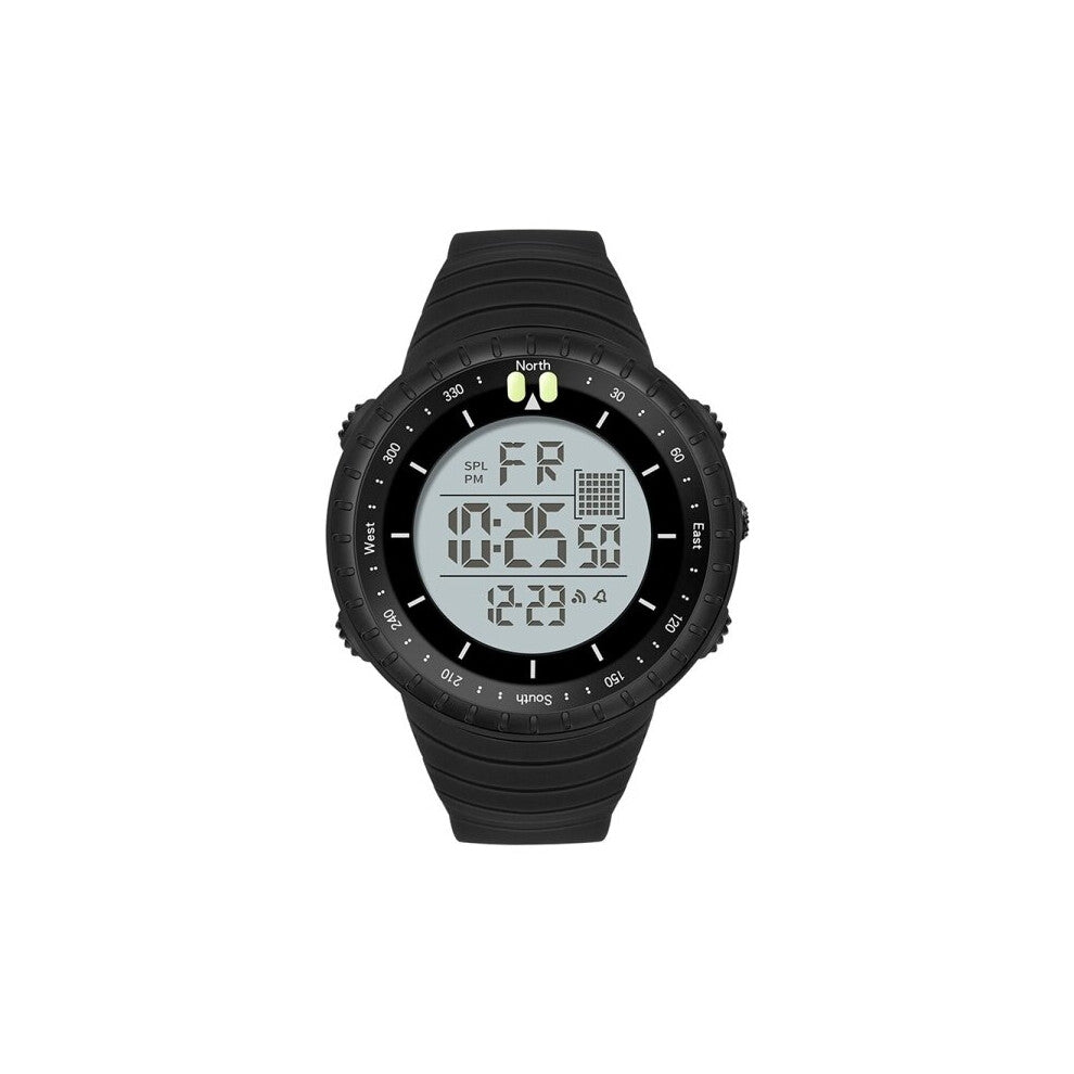 Multi-functional electronic men's sports watch with three-division LED display and luminous stopwatch (black-white)