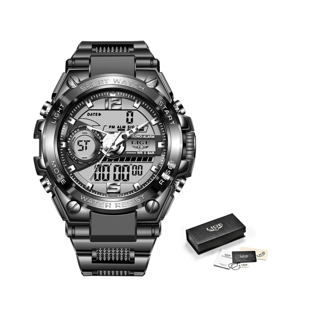 2021LIGE Sport Men Quartz Digital Watch Creative Diving Watches Men Waterproof Alarm Watch Dual Display Clock erkek saat+Box