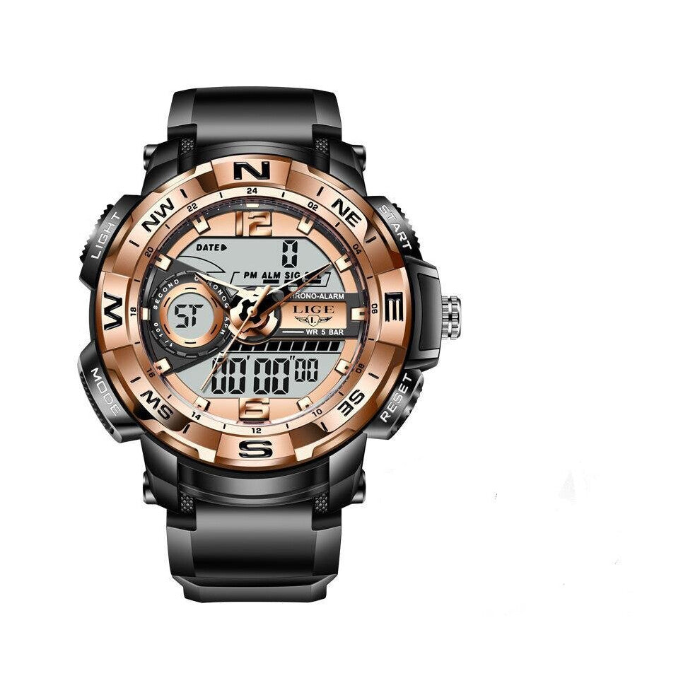 LIGE Men Electronic Watch Quartz Dual Display Watches Multi-Function Luminous LED Display Waterproof Sports Men's Wristwatch