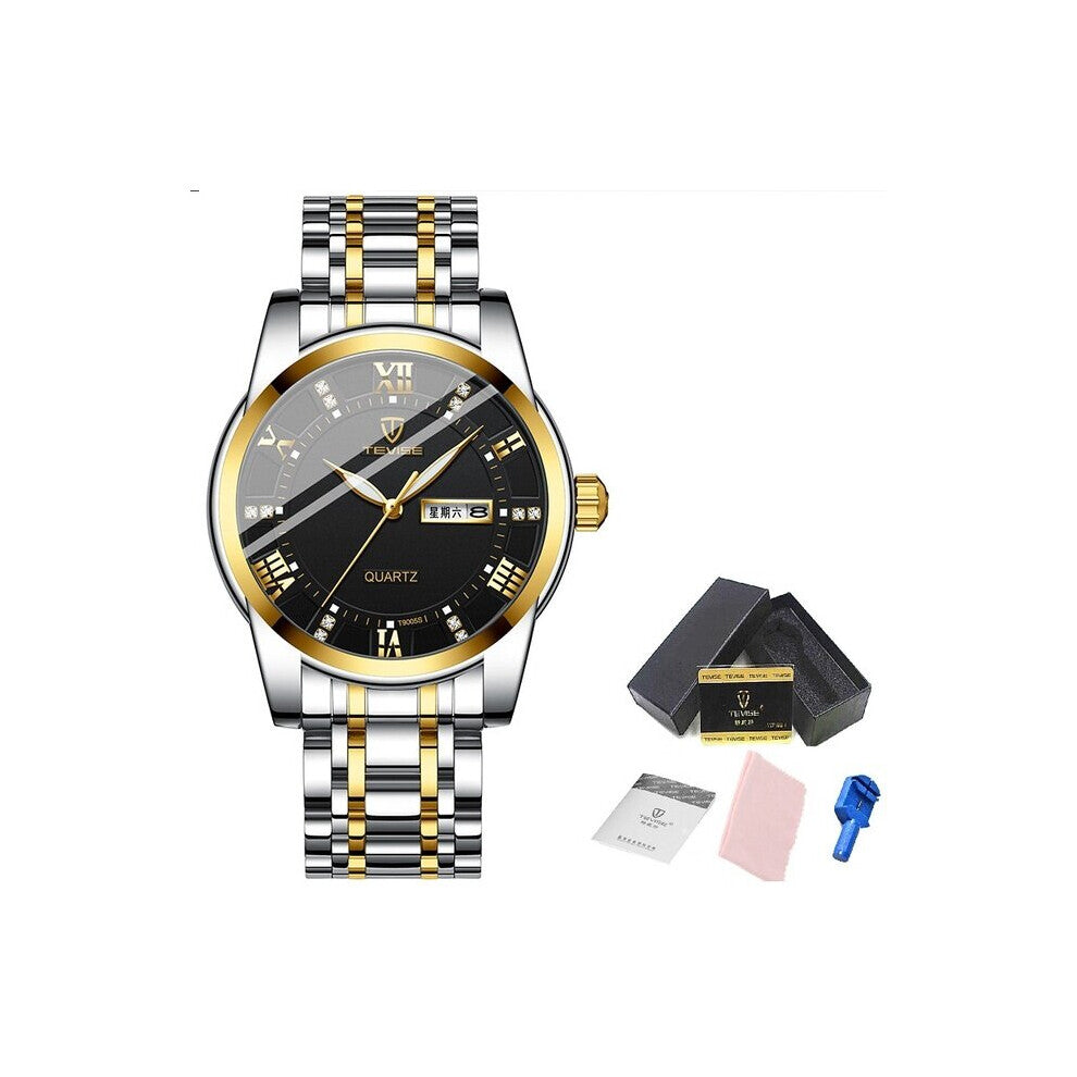 Top Quartz Watch 30ATM Waterproof Clock Male Date Week Stainless Steel Relogio Masculino+Box T9005S