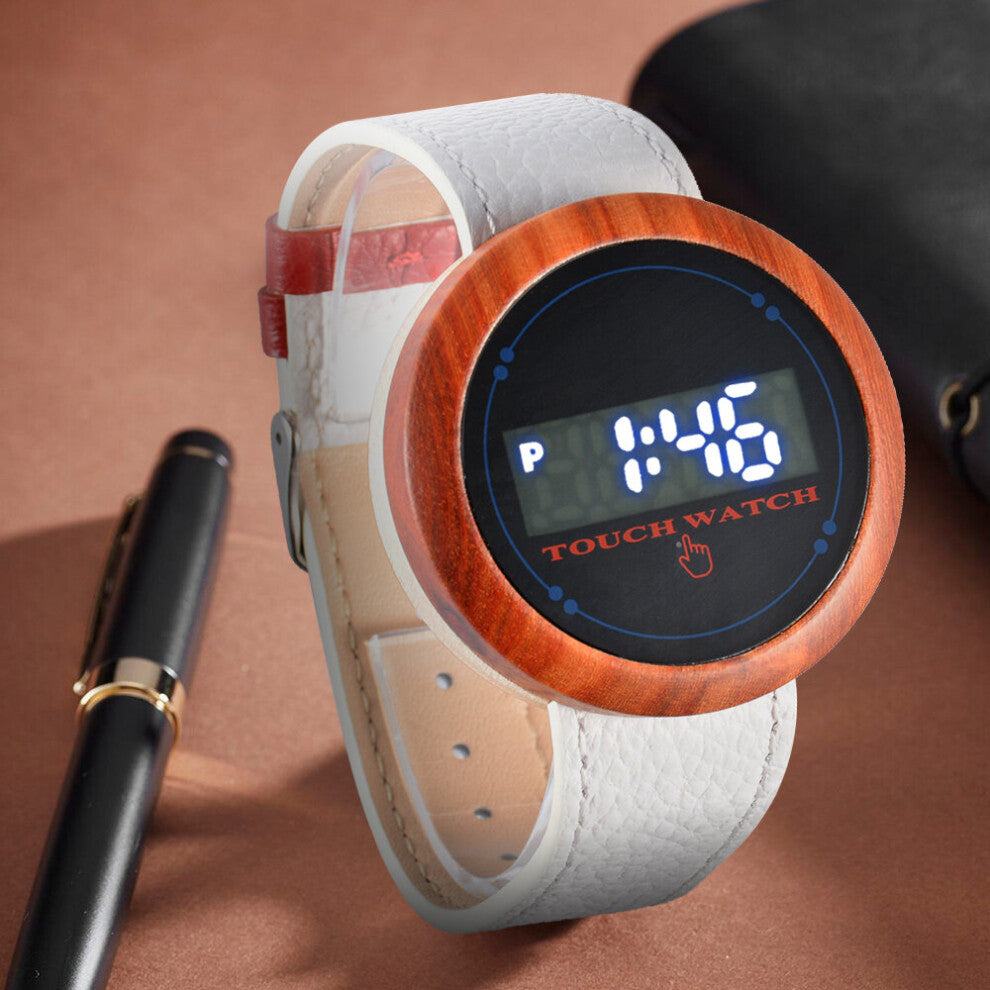 Mens Watch Full Touch Smart Watch Men Sports Clock Leather Waterproof Smartwatch for Kids WOmen Wooden Case Watches