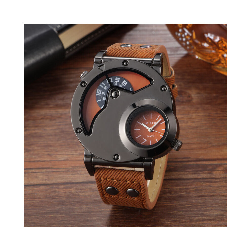 MILER Men Sports Watches Denim Watches 2 Time Zone Leather Strap Quartz Wristwatches Men Watches Rlojes Para Hombre