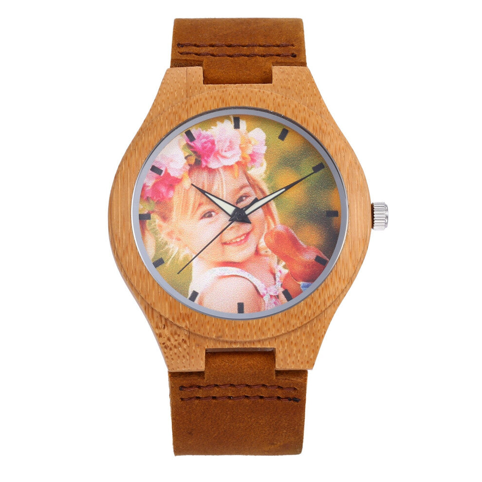 Women Men Wooden Wrist Watch DIY Photos Picture Leather Band Wrist Watches UV Printing Laser Engrave Letters Timepiece