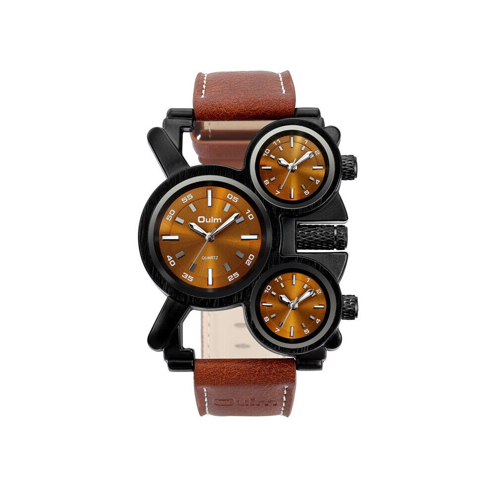Punk Style Men Watches 1167 Retro Male Quartz Watch Unique 3 Time Zone Quartz Clock Leather Man Military Wristwatch