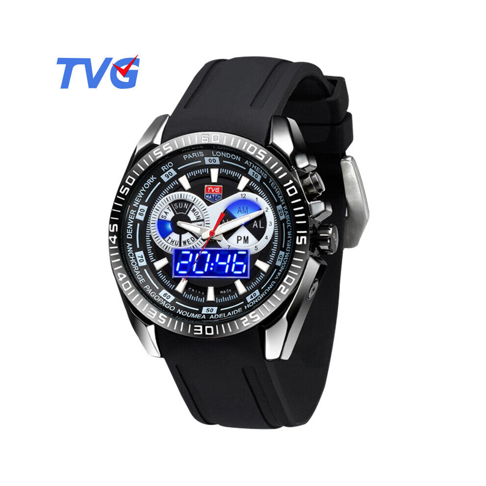 Top Men Watches 468IP Rubber Strap Dual Display Analog Digital Quartz Watches Men 30M Waterproof Week Alarm
