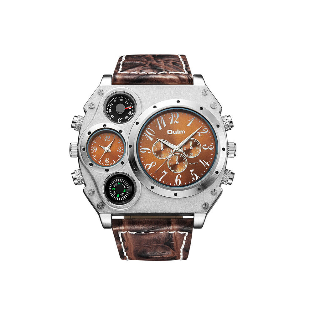 Sports Watches Big Style Quartz Watch Male Dual Time Zone Decorative Thermometer Compass PU Men's Wristwatch