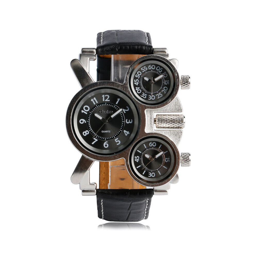 Unique Watches Men Three Time Zone Large Big Size Irregular Dial Real Leather Strap Military Men's Wristwatches Male Clock