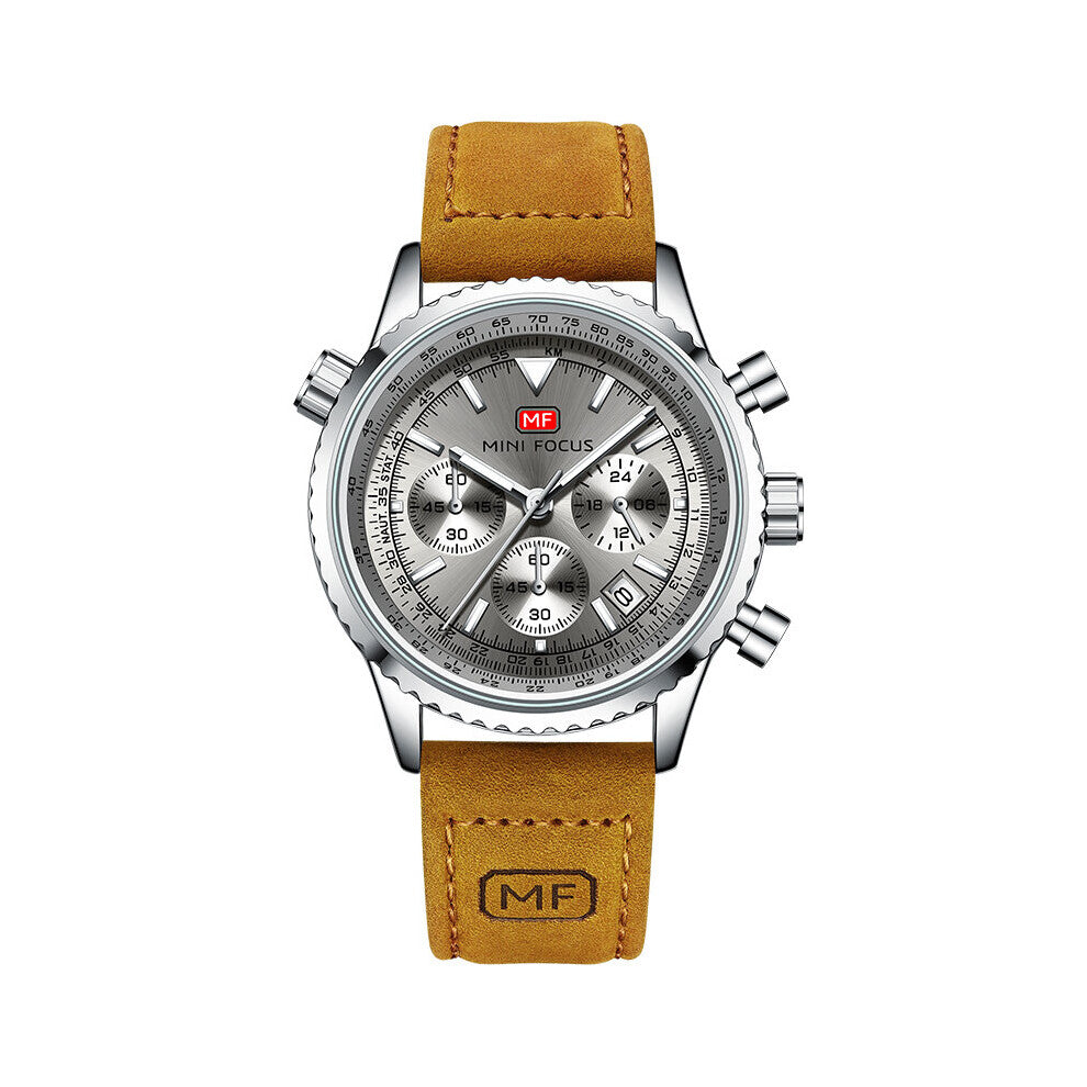 Watch For Men Top Waterproof Multifunction Sport Quartz Wrist Watches Luminous Hands Brown Leather Strap