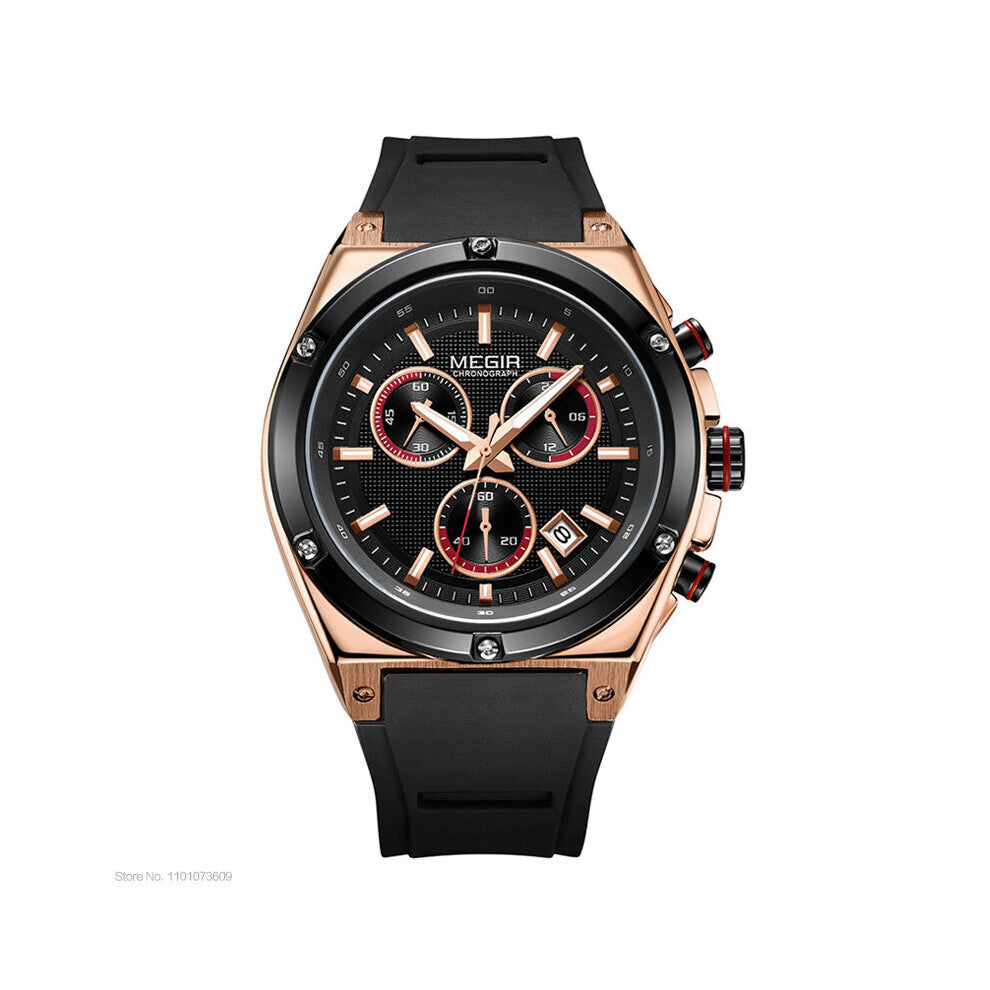 Sports Chronograph Quartz Wrist Watches for Men Silicone Waterproof Clock Relojios Luminous Relojes Montres 2073GS-BK-1