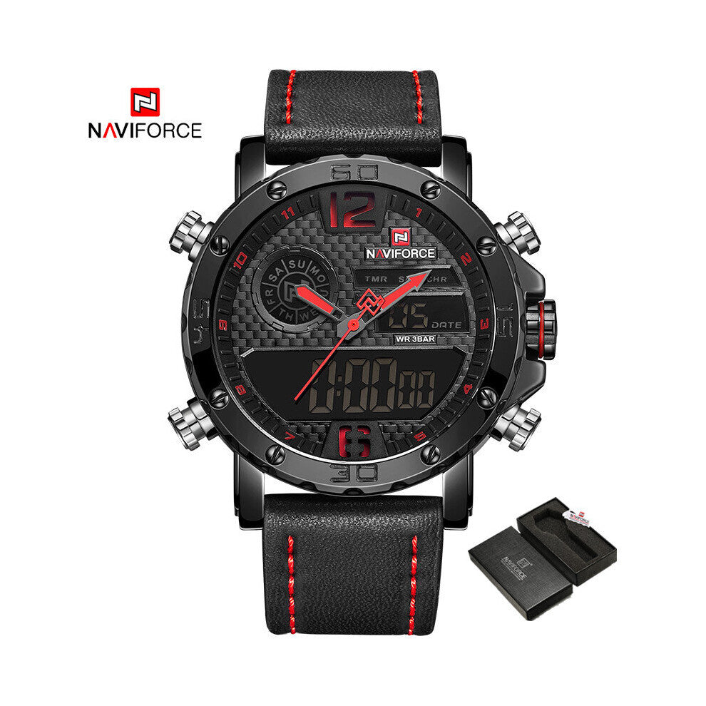 Top Watches for Men Leather Band Sports Wrist Watch Military Waterproof Digital Quartz Analog Clock 9134