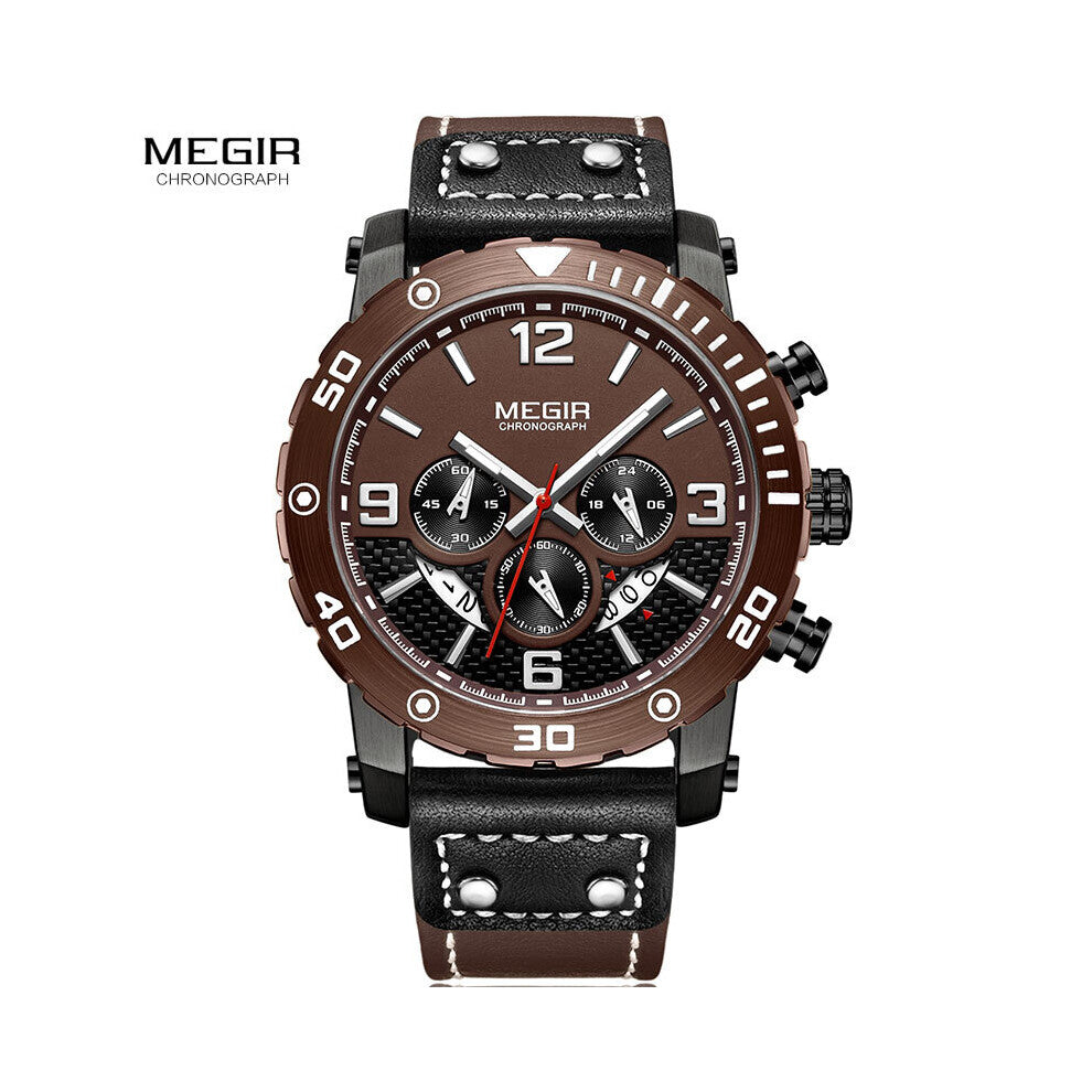 Men's Sports Quartz Watches Leather Strap Chronograph Analogue Wrist Watch for Man Luminous Waterproof 2084GBK-1