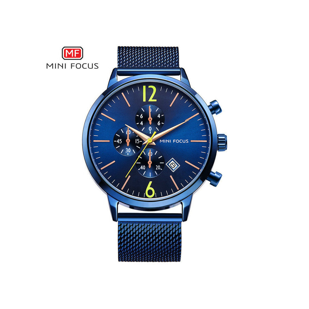 MINI FOCUS Dress Quartz Watch Men Mesh Strap 3 Sub-dial Calendar Chronograph Sports Mens Watches Top