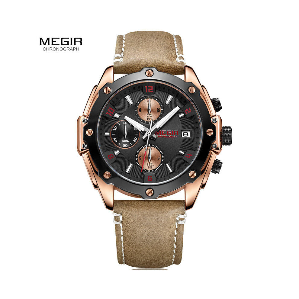 Men's Chronograph Quartz Watches Leather Strap Luminous Analogue Sports Wrist Watch for Man 2074GS-BK-1N8