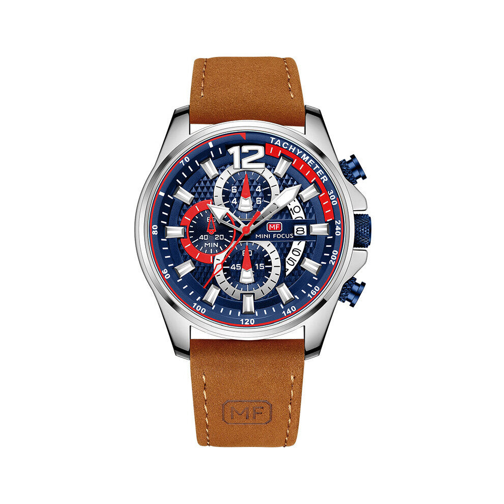 MINI FOCUS Casual Sport Watches for Men Leather Strap Chronograph Quartz Wristwatch with Date Luminous Hands 0350