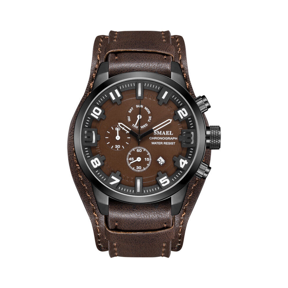 Quartz Watches Men Waterproof Date-Day Casual Waterproof Leather Strap Round Adult Male Wristwatches 9076