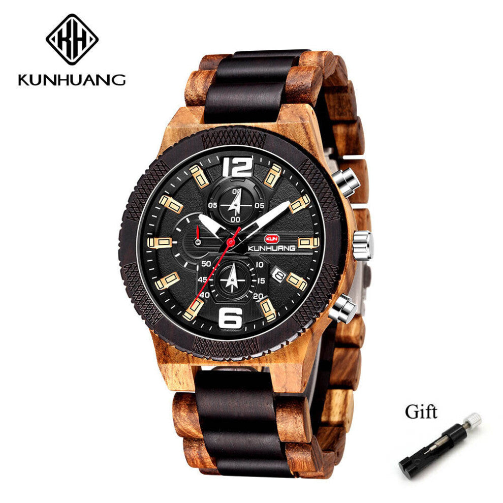 Wooden Men Watches Big Dial Sport Male Watch 3 Small Dials All Can Work Chronograph Date Wood Watch Casual Mens Watches
