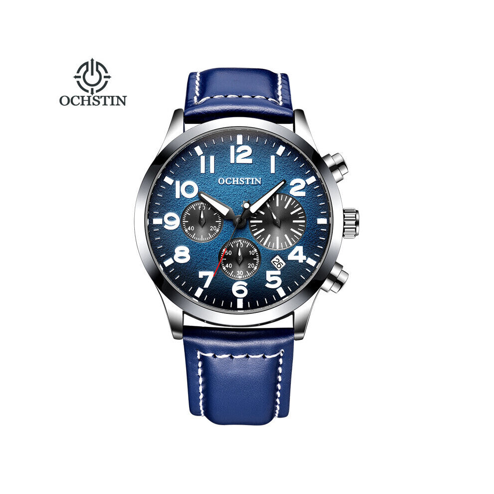 Ochstin Casual Sport Watches for Men Top Military Leather Luminous Male Clock Chronograph Wristwatch Date